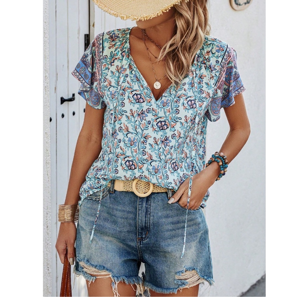 Blue Floral Printed Boho Short Sleeve Shirt V-Neck Ties - Picture 8 of 9